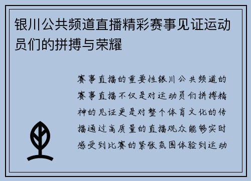 银川公共频道直播精彩赛事见证运动员们的拼搏与荣耀