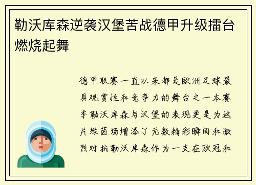 勒沃库森逆袭汉堡苦战德甲升级擂台燃烧起舞